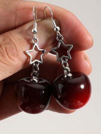 New Star & Cherry Design Earrings, Luxury Rhinestone Elegant Fashion Charm Dangling Earrings, Chic Sweet Style