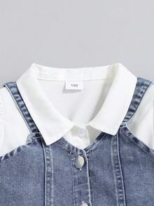 女童夏季泡泡袖拼接下摆连衣裙 + 牛仔吊带开衫套装，时尚百搭返校套装 - 白色 - 查看 4