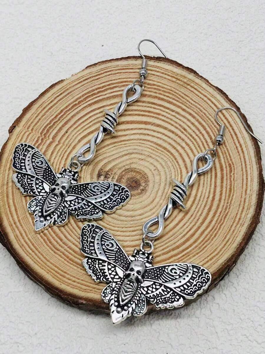 1 Pair Vintage Gothic Style Silver-Color Skull, Butterfly & Thorn Pendant Earrings - Silver - View 1