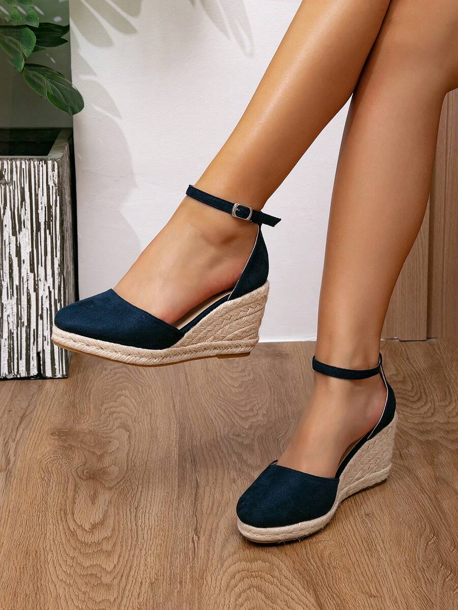 New Vacation Style Closed Toe Wedge Heel Black Sandals Women's Summer Woven High Heels