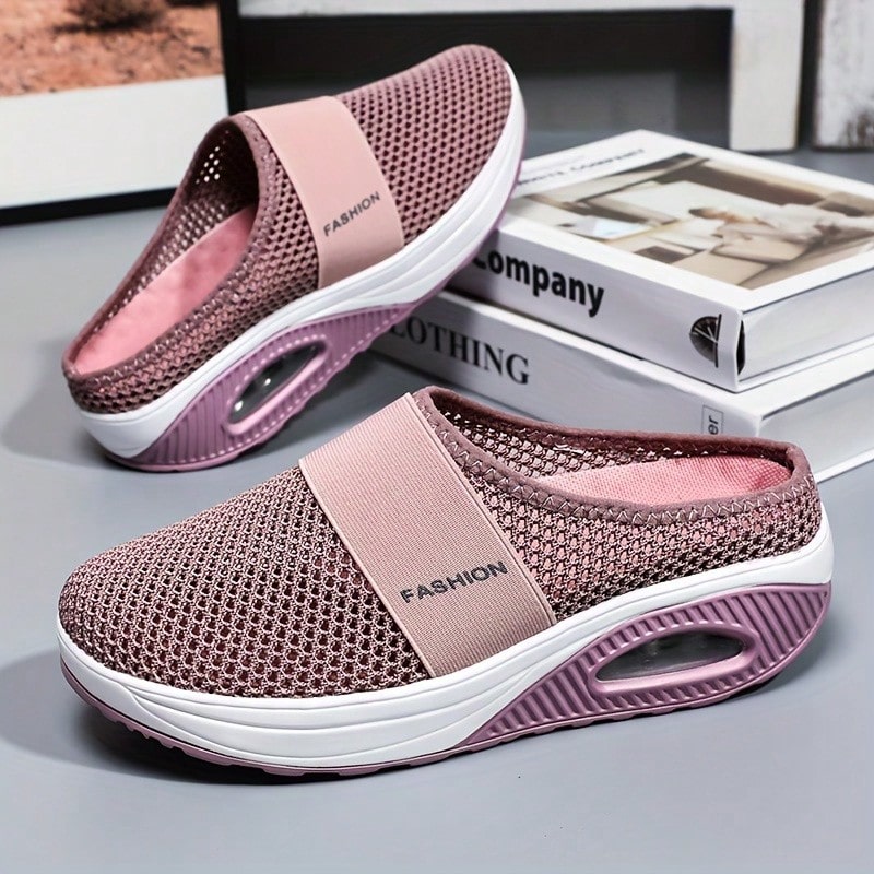 Women's Solid Color Mesh Sneakers, Slip On Soft Sole Platform Home Casual Shoes, Breathable Half Drag Slides Shoes Plus Size - Pink - View 1