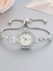 时尚女士手链表，奢华圆形表盘，钻石水钻水晶波纹设计，金属石英表，女友礼物 - 銀色 - 查看 1