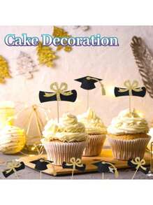 20 Pcs Graduation Cupcake Toppers Glitter Graduation Cap Cupcake Toppers Gold Congrats Grad Centerpiece Sticks Black For Graduation Party Decorations