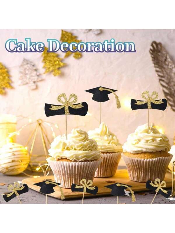 20 Pcs Graduation Cupcake Toppers Glitter Graduation Cap Cupcake Toppers Gold Congrats Grad Centerpiece Sticks Black For Graduation Party Decorations