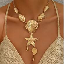 A Summer Beach Exaggerated Style Octopus Dripping Oil Starfish Shell Snail Cross Multi-Layer Diamond Pendant Necklace