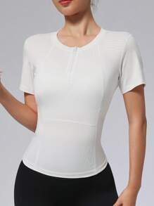 Camiseta deportiva para mujer con cremallera delantera, camiseta ajustada y elástica para fitness, yoga y running de manga corta
