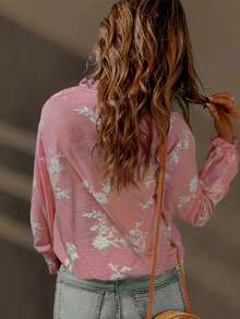 Bestselling Vintage Embroidered Ruffle Hem Women Blouse, Flower, Leaf Print, Button Embroidered Decoration, Casual Wear Pink Spring - Pink - View 2