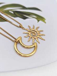 2pcs/Set Summer Beach Boho Vintage Personalized Fashion Sun & Moon Pendant Necklaces, Niche Design Elegant Long Chain Necklace For Women, Adjustable For Daily, Holiday, Party Wear