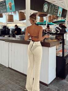 女士性感休闲纯色镂空抽绳蝴蝶结假日海滩风格针织罩衫沙滩裤镂空抽绳高弹力腰钩针透明泳衣网眼性感腰部网眼针织裤，春夏秋季