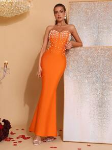 Nuevo vestido de novia con decoración de perlas rosa sin tirantes, vestido de fiesta y noche - Naranja - Ver 4