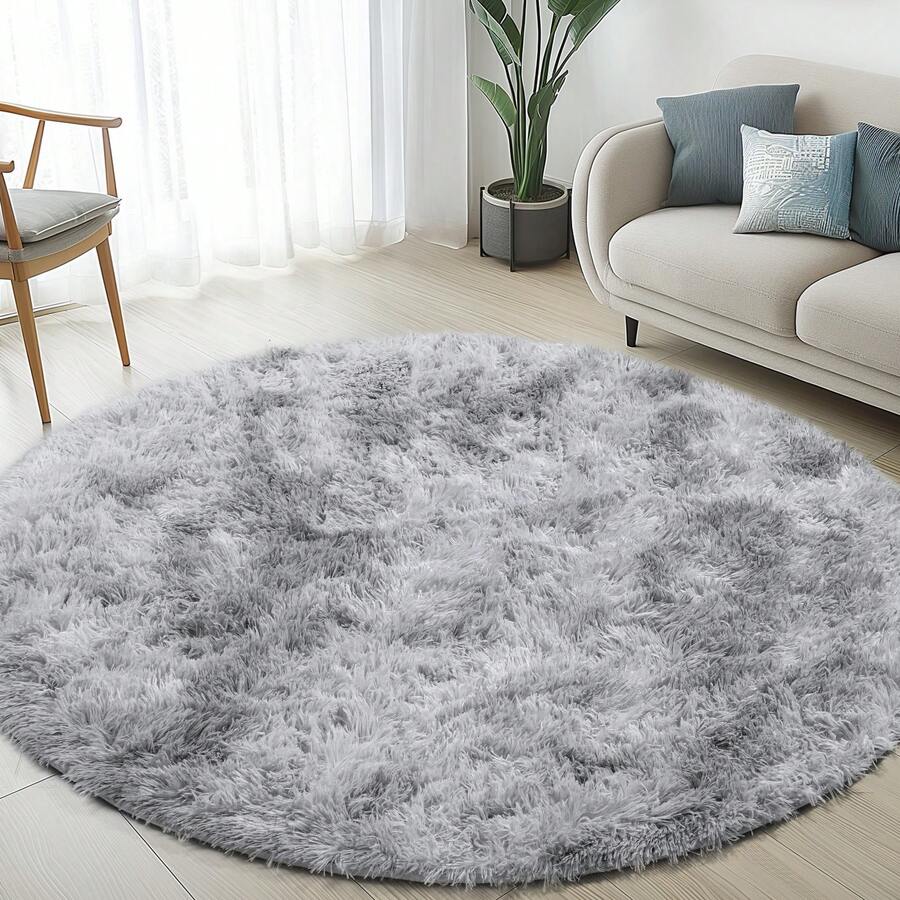 Sour Lemon Living Room Rugs, 160 X 160 Cm, Grey Round Rug For Bedroom, Washable, Non-Slip, Fluffy Rug, Shaggy, Soft Rugs, Mat For Hallway, Living Room - 紮染淺灰 - 查看 1
