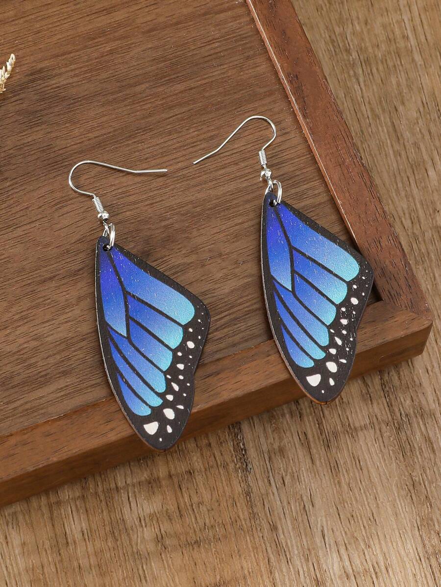 1 Pair Bohemian Wood Blue Butterfly Wing Symmetry Fashion Earrings For Women