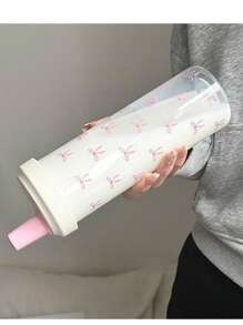 1pc Cute Pink Bow Water Bottle, Reusable With Lid And Straw Cup, Travel And Outdoor Cup, Gym And Sports Bottle, Flat Bottomed Cup, Car Cup, Holiday Gift