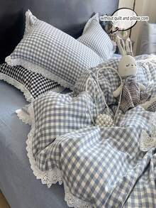 3pcs Black & White Plaid Lace Trim Bedding Set, Includes 1 Duvet Cover And 2 Pillow Shams (No Filling) - Blue - View 5