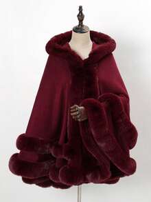 1件纯色双层仿毛皮连帽披肩，可搭配连衣裙 - 彩色 - 查看 2