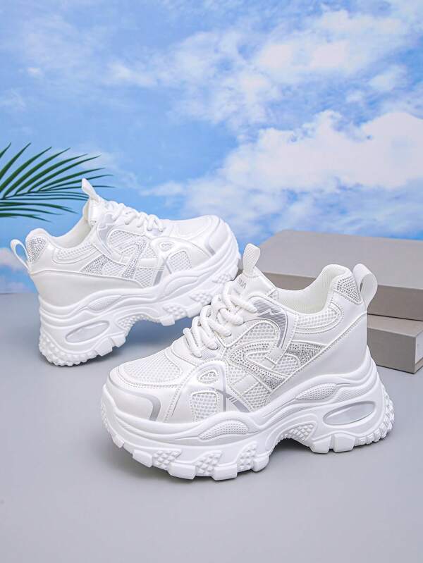 White Breathable Mesh Summer Sneakers For Women, Thick-Soled Lightweight Platform Casual Shoes For Ladies