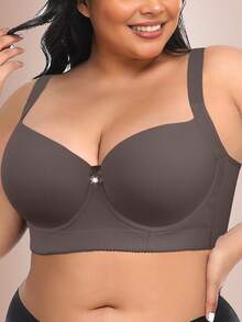 Mocha Brown Seamless Plus Size Women's Underwear Smooth And Simple Gathering Bra, Lift