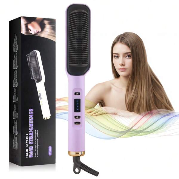 1 pieza Cepillo alisador digital con entrada de enchufe, ajustes de temperatura múltiples, doble función de alisado y rizado, plancha de pelo portátil