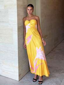 Summer 2025 Floral Halter Neck Maxi Dress  Sexy Forma Wedding Guest Dress Beach Party Gown Flowy Long Sundress For Women - 黃色 - 查看 11