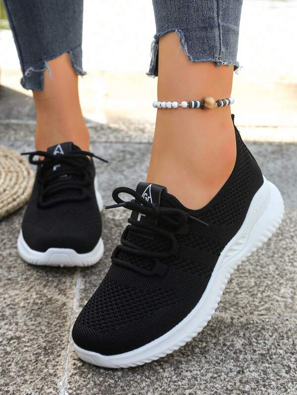 Popular Casual Sports Shoes, Soft Sole Versatile Running Shoes, Lace-Up Mesh Fabric Student Shoes, Plus Size