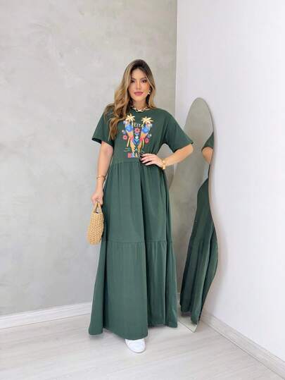 VESTIDO LONGO LISO DE MANGUINHA   Simples  Casual  elegante    Bainha com babado