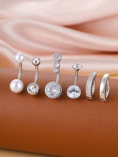 6 件医用级不锈钢肚脐环套装，8 毫米 CZ 镶嵌和仿珍珠设计，可爱的身体珠宝穿孔配件，日常礼物