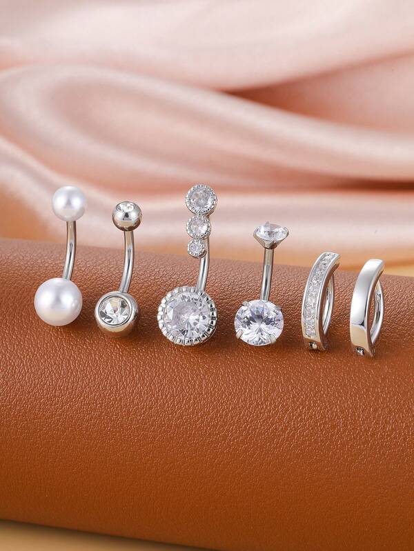 Set de 6 anillos para el ombligo de acero inoxidable de grado médico, con diseño de circonita cúbica de 8 mm y perla falsa, accesorios de joyería corporal lindos, regalo diario
