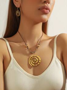1 Set Of 3pcs Bohemian Style Metal Twisted Texture Pendant Earrings Jewelry Set, Holiday & Everyday Wear