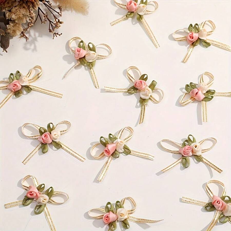 10/20pcs Aksesoris Kemasan Hadiah Bunga Mawar & Pita, Bunga Merah Muda Pita Merah, Pita Dekoratif DIY, Cocok Untuk Ulang Tahun Dan Dekorasi Rumah - Aksesoris busur - View 1