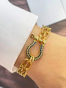 Pulseira dupla STYLEVER com fivela de ferradura dourada, cravejada com diamantes coloridos, corrente de aço inoxidável, combinada com pulseira estampada, estilo único e requintado