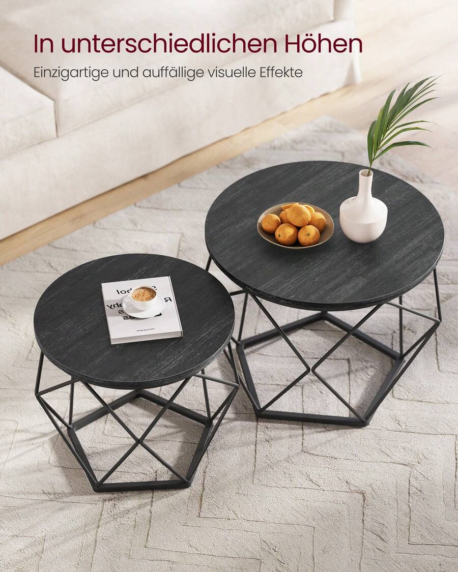 Couchtisch rund, 2er Set, Wohnzimmertisch, Beistelltisch, Vintage-Flair, abnehmbare Tischplatte, für Wohnzimmer,Tintenschwarz - Tintenschwarz - Übersicht 1