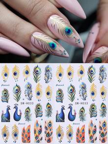 2 pièces Autocollants d'art pour ongles 3D élégants avec plumes de paon, décalcomanies de paon vert et or de luxe. Décalcomanies adhésives pour ongles DIY, décoration d'ongles pour femmes, fournitures pour ongles - Multicolore - Voir 3