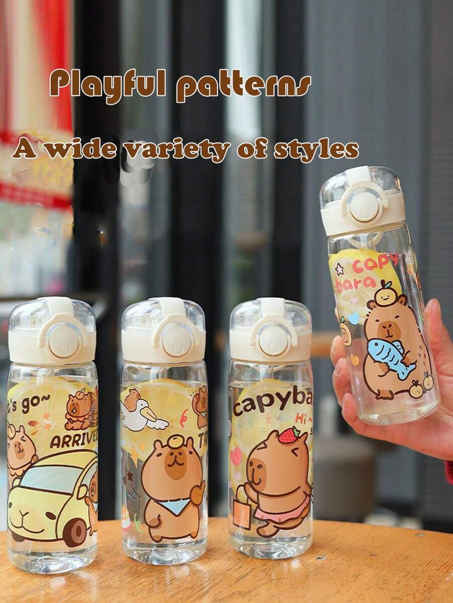 男女通用水豚卡通可重复使用塑料杯（带吸管）- 适合户外、运动和日常使用