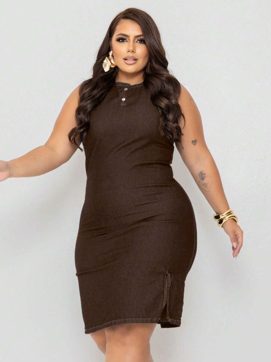 Plus Size Denim Dress, Midi Tube Model, With Side Slit - Rỉ Nâu - Xem 1