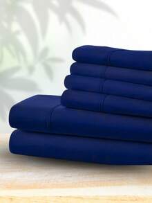 6-Piece Bed Sheet Set – Twin/Full/Queen/King Sizes | Soft Microfiber | Deep Pocket Fitted Sheet | Cooling, Wrinkle-Free, Summer And All-Season Comfort | Includes 1 Flat Sheet, 1 Fitted Sheet, 4 Pillowcases - 海軍 - 查看 2
