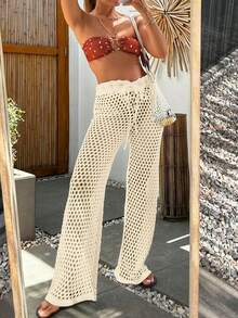 女士性感休闲纯色镂空抽绳蝴蝶结假日海滩风格针织罩衫沙滩裤镂空抽绳高弹力腰钩针透明泳衣网眼性感腰部网眼针织裤，春夏秋季