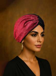 1pc Elegant Rhinestones Embellished Red & Black Turban Hat For Women Pre-Tied Headwrap For Formal Events Weddings And Parties