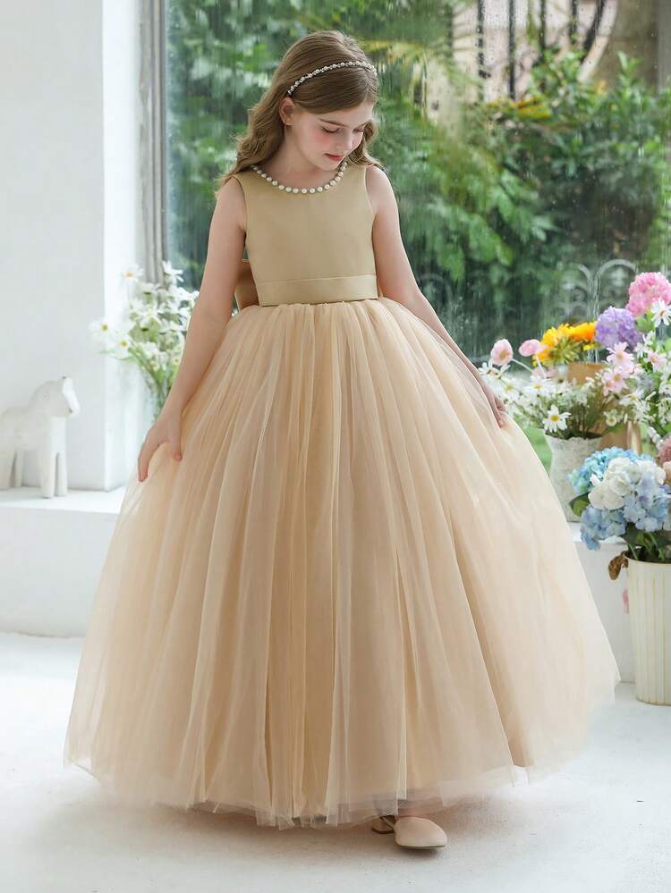 Vestido elegante con lazo para niña preadolescente en Navidad, vestido formal de niña de las flores con gracia, vestido de princesa adecuado para adolescentes, bodas, fiestas, cumpleaños, bailes de graduación y otras ocasiones formales - Caqui - Añade 4