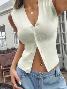 Zonnig meisjesachtig zomers dames sexy en puur verlangen stijl knoopontwerp, effen kleur, nauwsluitend, grote V-hals, mouwloos vest