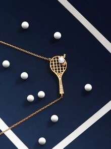 1pc Fashionable Tennis Racket Pearl Pendant Necklace, Elegant & Versatile Collarbone Chain - Necklace - View 3
