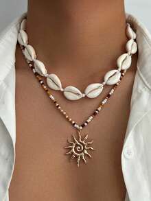Joyería de estilo bohemio de verano, collar de cuentas de cáscara de coco, collar gargantilla de múltiples capas con colgante de lujo en forma de sol - Multicolor - Ver 8