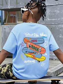 1pc Tween Boy Skateboard Print Light Blue Short Sleeve T-Shirt, Suitable For Young Students, Summer Top For Big Kids