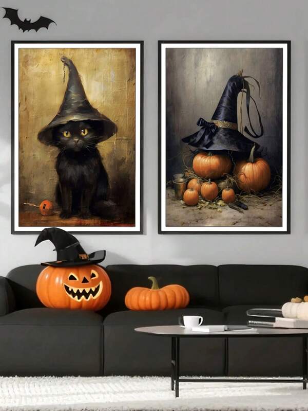 1/2pcs,Halloween Extra Large Canvas Painting,Autumn Pumpkin Wall Art With Frame,Vintage Cat In Witch Hat Painting Art,Fall Home Decor,For Home Office, Living Room, Bedroom, Bathroom, Kitchen Decor,Ready To Hang Halloween Decor Fall Decor Room Decor