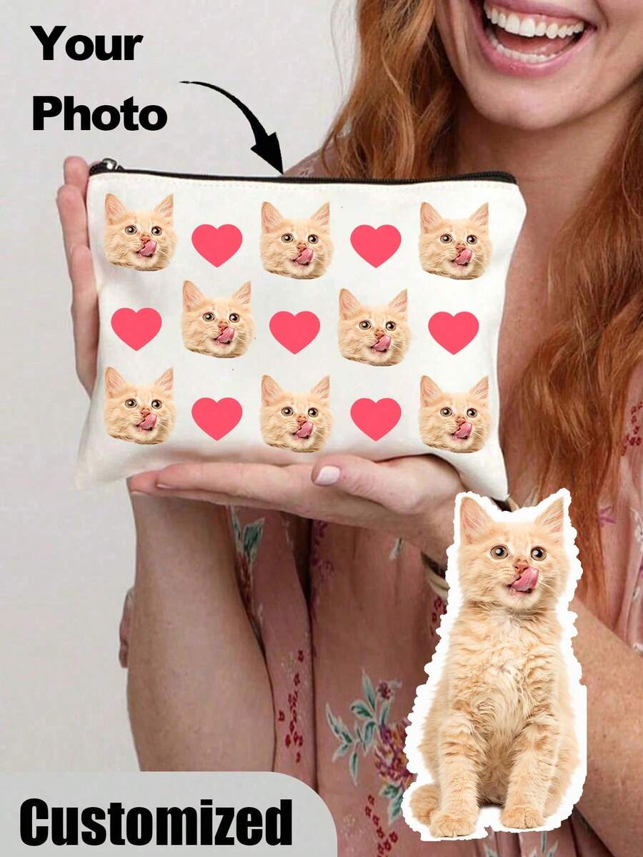 Tas Kosmetik Bertema Kucing Kustom, Hadiah Bertema Kucing yang Lucu, Tas Kosmetik Perjalanan Kecil untuk Pecinta Hewan Peliharaan, Kantong Penyimpanan dengan Resleting - Krem - View 1