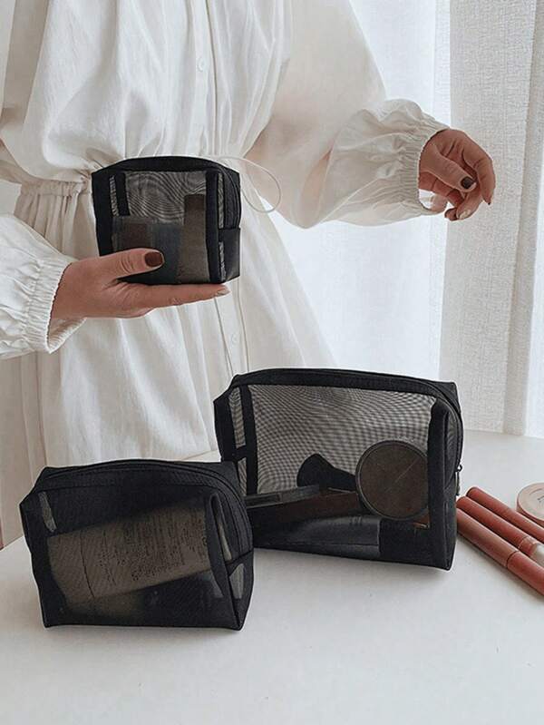 3pcs Black Simple Style Nylon Mesh Cosmetic Bag, Large Capacity Organizer Pouch, Portable Storage Bag, Travel Essentials, Organizer And Storagefor Vacation Summer Holiday Back To School School Stuff Bag For School Travel Bag For Women Makeup Bag For Travel