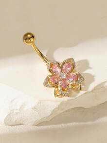 1pc Luxury 5-Petal Flower Design Stainless Steel Women's Elegant Shiny Synthetic Cubic Zirconia Teardrop Belly Button Ring - Ideal Birthday Gift For Family And Friends - Yellow Gold - View 3