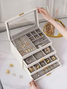 CASEGRACE 1 件透明盖珠宝收纳盒，3 层珠宝收纳盒，大型多功能珠宝盒，带 3 个抽屉，珠宝展示盒，戒指耳环项链手链，返校 - 米色 - 查看 15