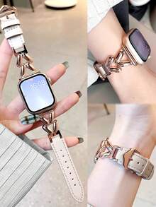 1 条兼容 表带，杏色皮革和金属链混合表带，适用于 38mm/40mm/41mm/42mm/44mm/45mm，时尚耐用，适合腕围 155cm-205cm