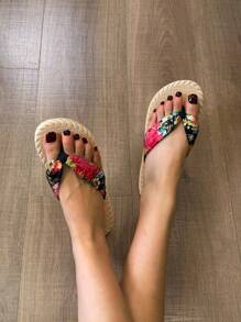 1 Stück schwarze Zehentrenner mit Blumenmuster, Freizeitbekleidung geeignet für Frühling, Sommer, Herbst, kann zu Hause oder Outdoor getragen werden