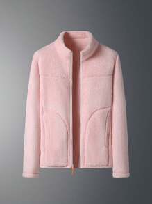 Thermal Lined Jacket For Women, Stand Collar Zipper Cardigan, Solid Color Plush Outerwear For Autumn/Winter,Fleece,Skiing